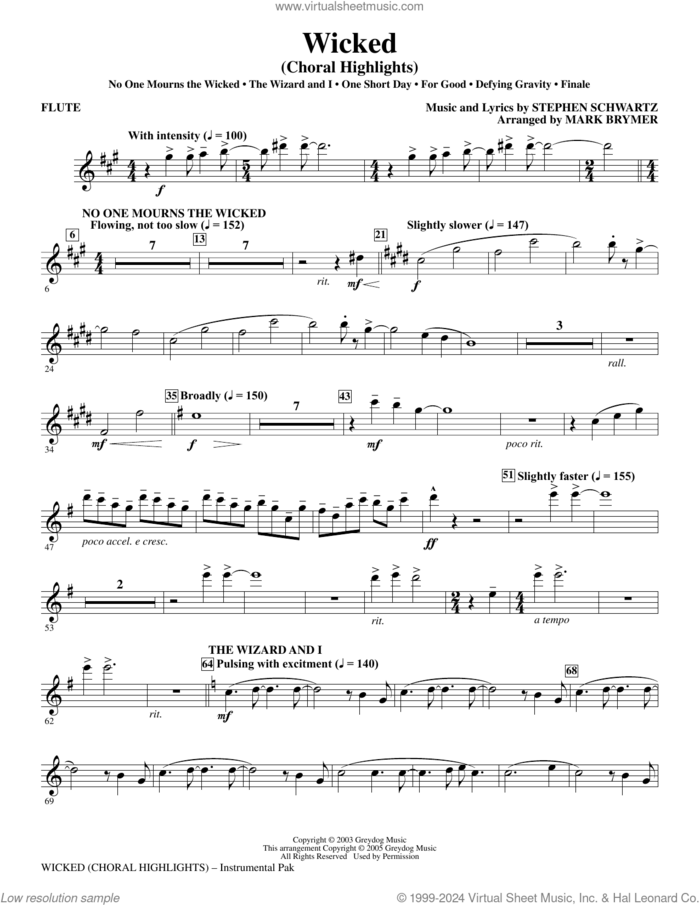 Wicked (Choral Highlights) (arr. Mark Brymer) (complete set of parts) sheet music for orchestra/band (Instrumental Accompaniment) by Mark Brymer and Stephen Schwartz, intermediate skill level