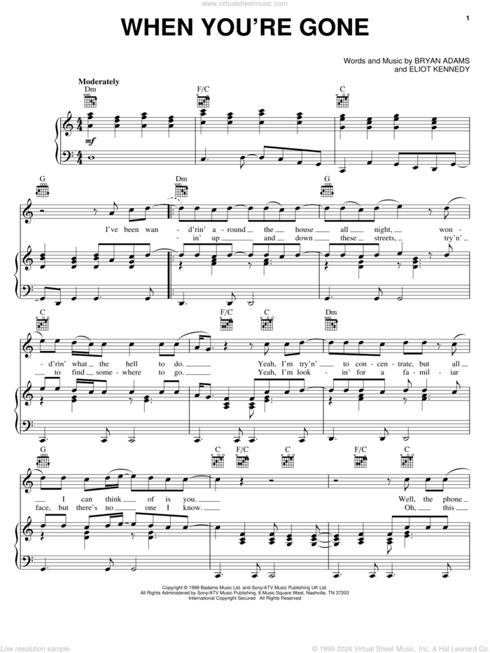 When You're Gone sheet music for voice, piano or guitar by Bryan Adams, Chisholm Melanie and Eliot Kennedy, intermediate skill level