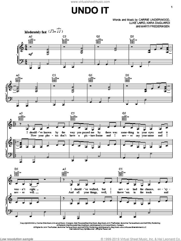 Undo It sheet music for voice, piano or guitar by Carrie Underwood, Kara DioGuardi, Luke Laird and Marti Frederiksen, intermediate skill level