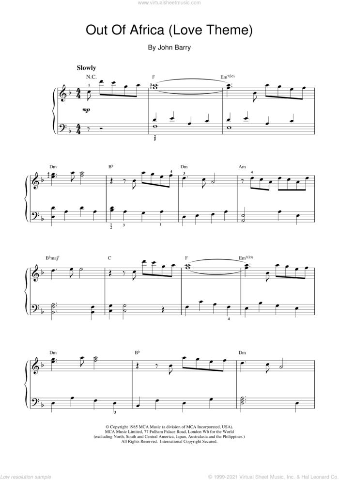 Out Of Africa (Love Theme) sheet music for piano solo by John Barry, intermediate skill level