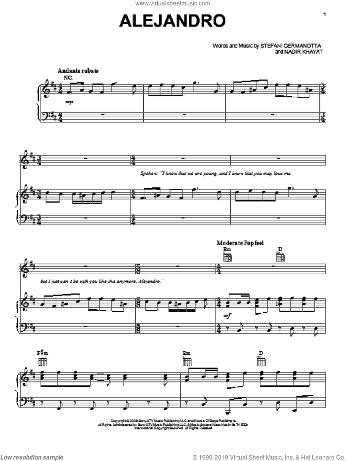 Alejandro sheet music for voice, piano or guitar by Lady GaGa and Nadir Khayat, intermediate skill level