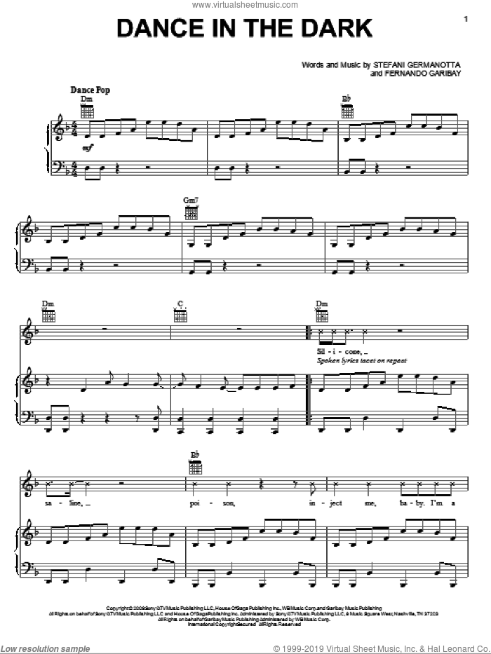Dance In The Dark sheet music for voice, piano or guitar by Lady GaGa and Fernando Garibay, intermediate skill level
