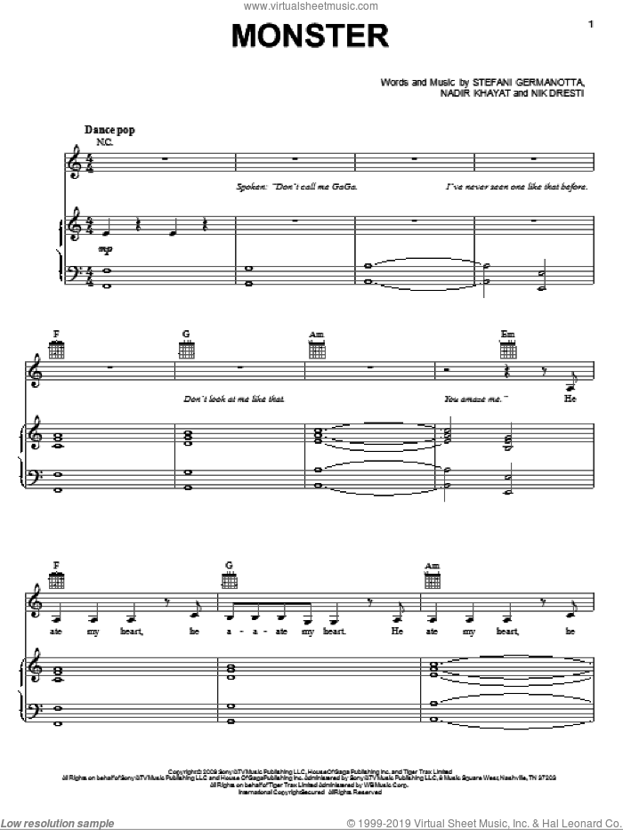 Monster sheet music for voice, piano or guitar by Lady GaGa, Nadir Khayat and Nik Dresti, intermediate skill level