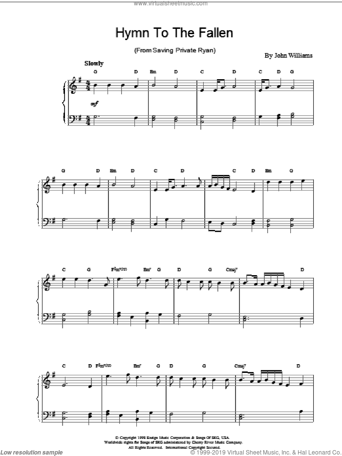 Hymn to the Fallen sheet music for piano solo by John Williams, intermediate skill level