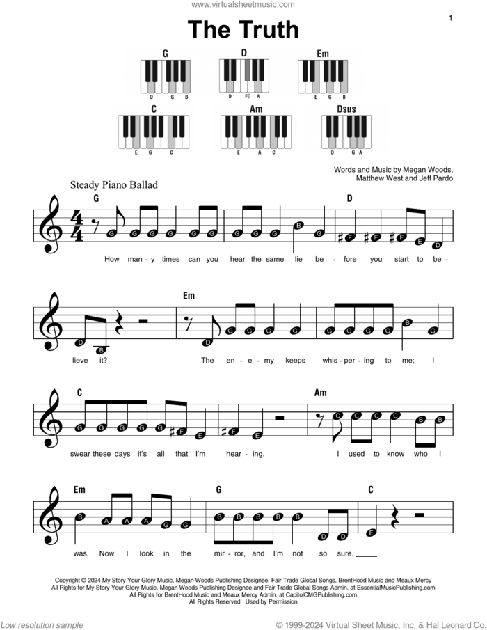 The Truth sheet music for piano solo by Megan Woods, Jeff Pardo and Matthew West, beginner skill level