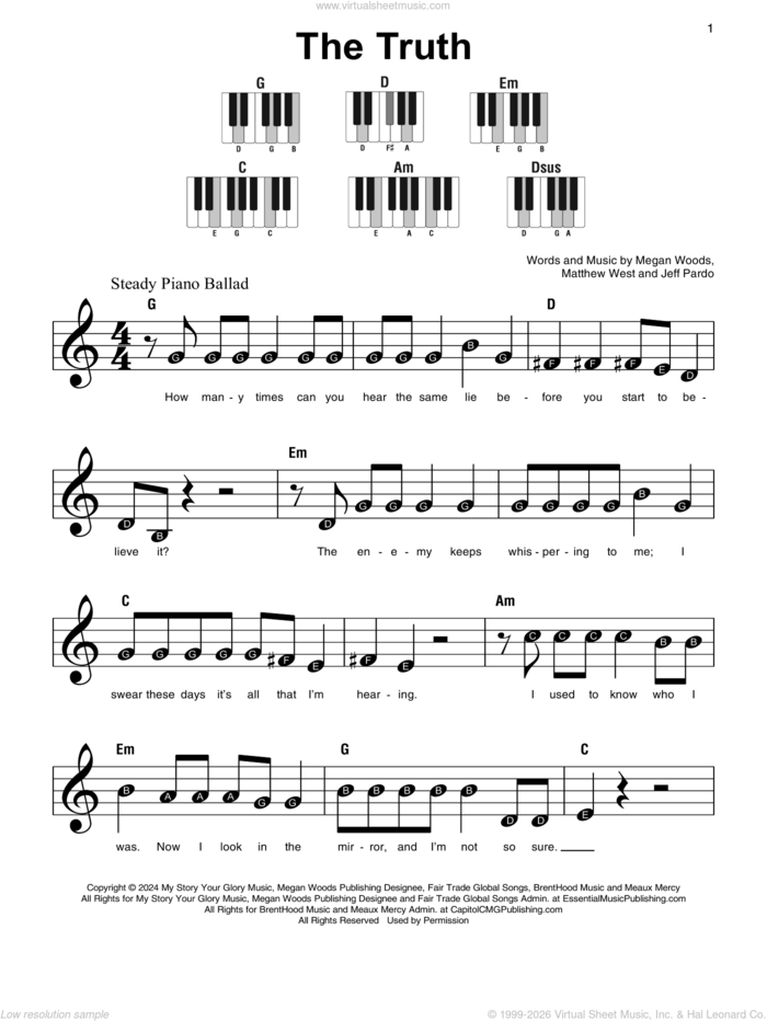 The Truth, (beginner) sheet music for piano solo by Megan Woods, Jeff Pardo and Matthew West, beginner skill level