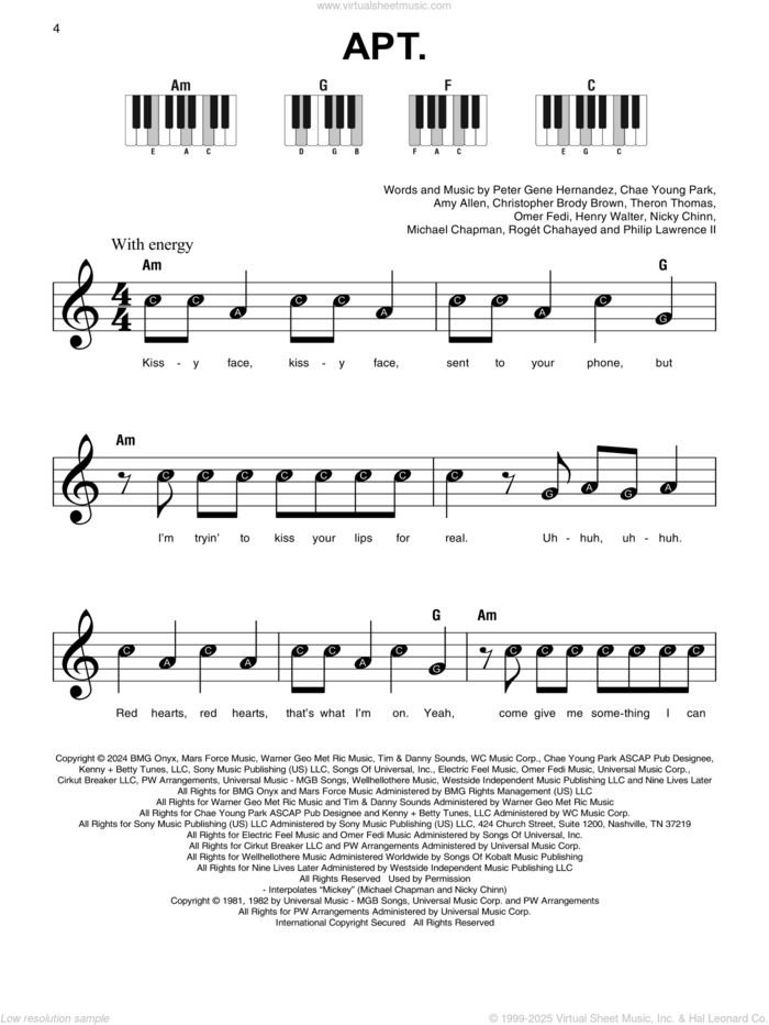 APT. sheet music for piano solo by ROSÉ & Bruno Mars, Amy Allen, Chae Young Park, Christopher Brody Brown, Henry Walter, Mike Chapman, Nicky Chinn, Omer Fedi, Peter Gene Hernandez, Philip Lawrence II, Roget Chahayed and Theron Thomas, beginner skill level