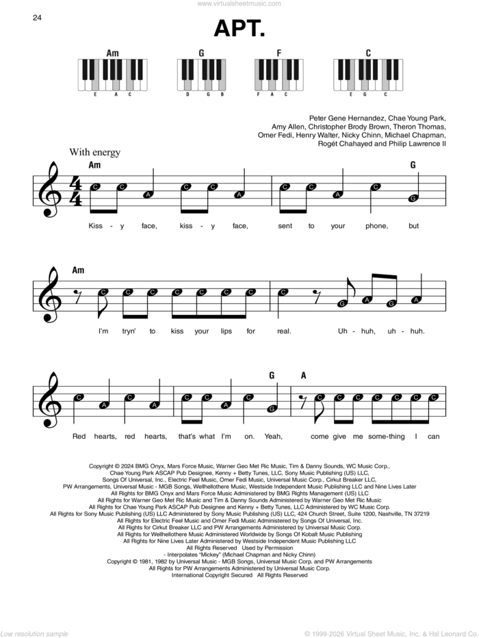 APT. sheet music for piano solo by ROSÉ & Bruno Mars, Amy Allen, Chae Young Park, Christopher Brody Brown, Henry Walter, Mike Chapman, Nicky Chinn, Omer Fedi, Peter Gene Hernandez, Philip Lawrence II, Roget Chahayed and Theron Thomas, beginner skill level
