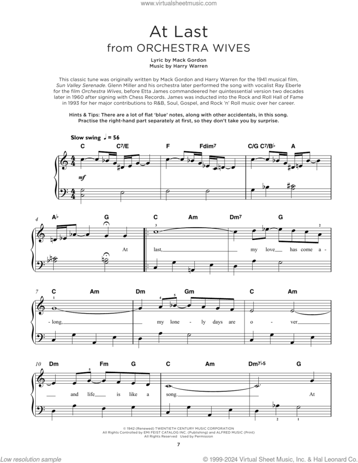 At Last sheet music for piano solo by Etta James, Harry Warren and Mack Gordon, beginner skill level