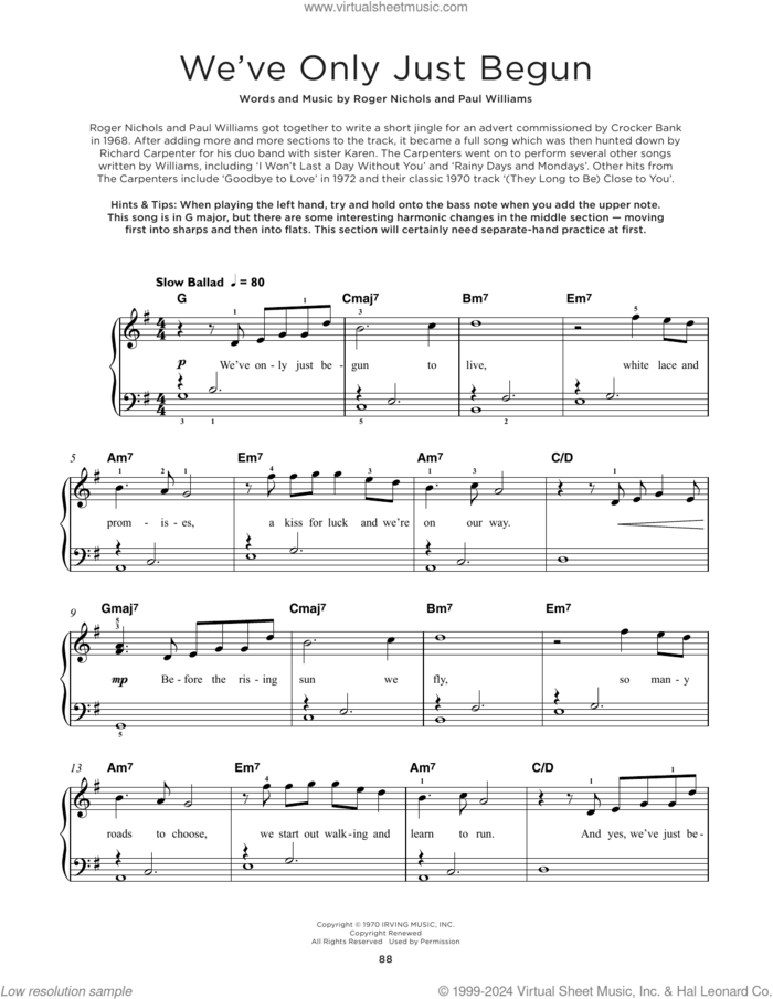 We've Only Just Begun sheet music for piano solo by Carpenters, Paul Williams and Roger Nichols, beginner skill level