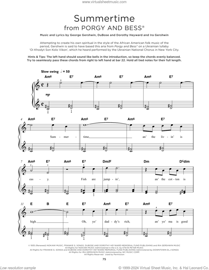 Summertime (from Porgy And Bess), (beginner) sheet music for piano solo by George Gershwin, Dorothy Heyward, DuBose Heyward and Ira Gershwin, beginner skill level