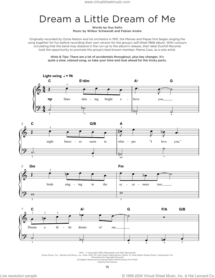 Dream A Little Dream Of Me, (beginner) sheet music for piano solo by The Mamas & The Papas, Fabian Andre, Gus Kahn and Wilbur Schwandt, beginner skill level