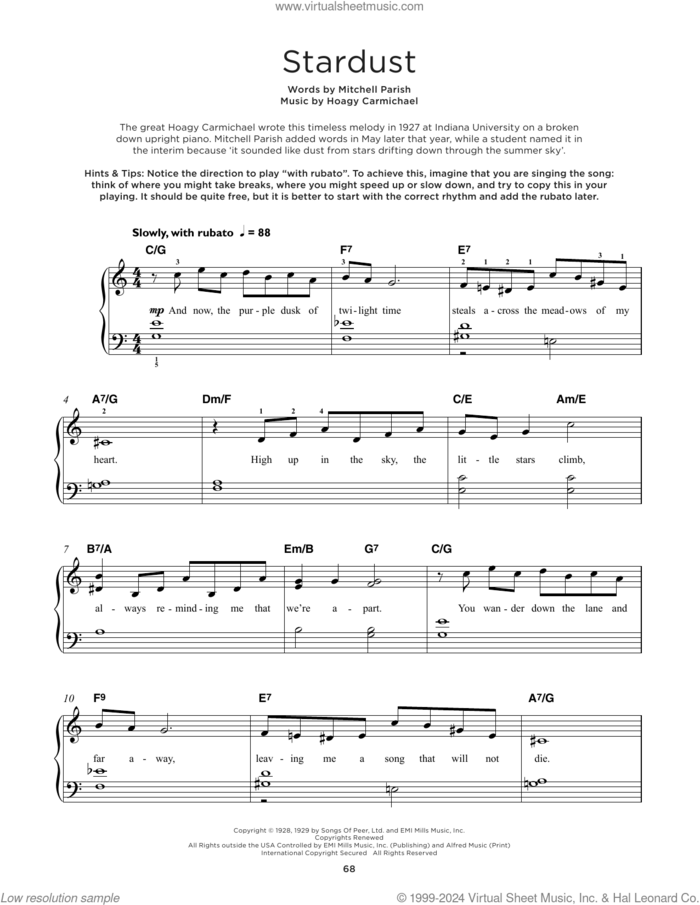 Stardust sheet music for piano solo by Hoagy Carmichael, Artie Shaw and Mitchell Parish, beginner skill level