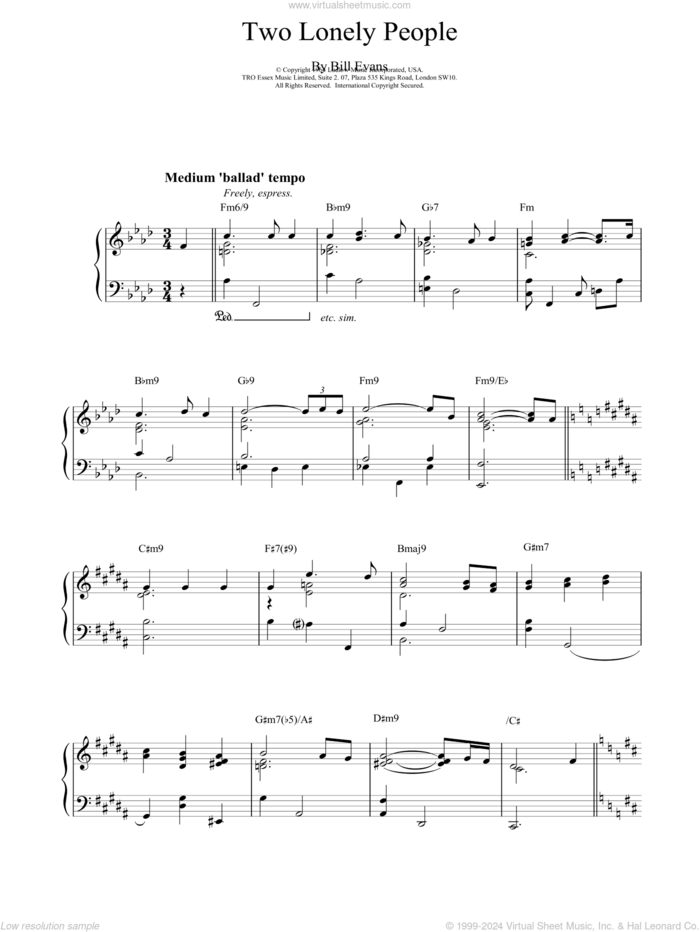 Two Lonely People sheet music for piano solo by Bill Evans, intermediate skill level