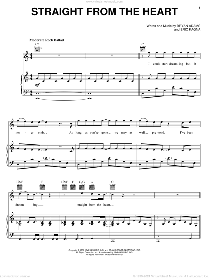 Straight From The Heart sheet music for voice, piano or guitar by Bryan Adams and Eric Kagna, intermediate skill level