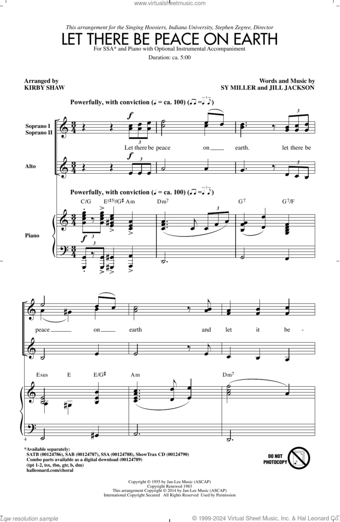 Let There Be Peace On Earth (arr. Kirby Shaw) sheet music for choir (SSA: soprano, alto) by Sy Miller, Kirby Shaw, Jill Jackson and Sy Miller and Jill Jackson, intermediate skill level