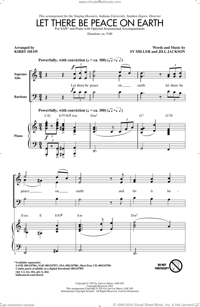 Let There Be Peace On Earth (arr. Kirby Shaw) sheet music for choir (SAB: soprano, alto, bass) by Sy Miller, Kirby Shaw, Jill Jackson and Sy Miller and Jill Jackson, intermediate skill level