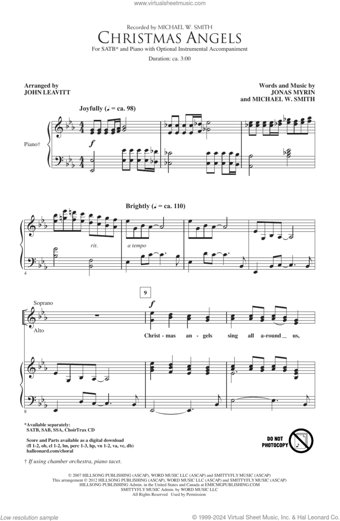 Christmas Angels (arr. John Leavitt) sheet music for choir (SATB: soprano, alto, tenor, bass) by Michael W. Smith, John Leavitt and Jonas Myrin, intermediate skill level