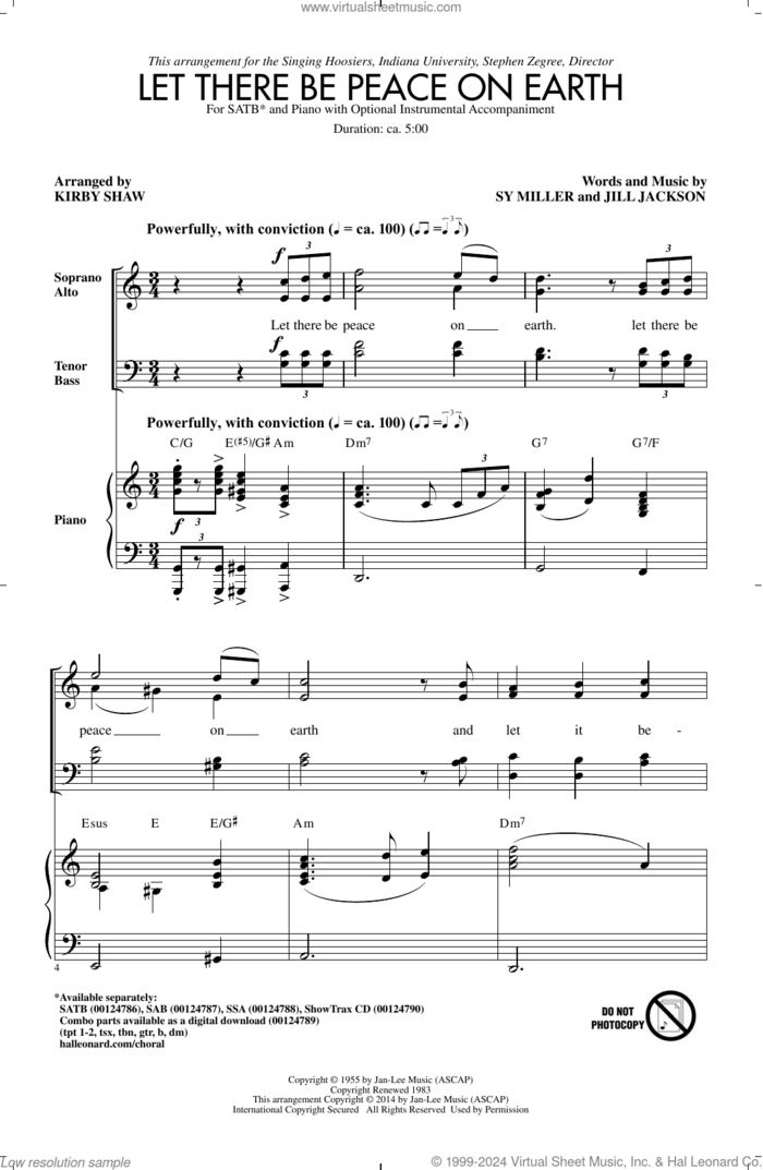 Let There Be Peace On Earth (arr. Kirby Shaw) sheet music for choir (SATB: soprano, alto, tenor, bass) by Sy Miller, Kirby Shaw, Jill Jackson and Sy Miller and Jill Jackson, intermediate skill level