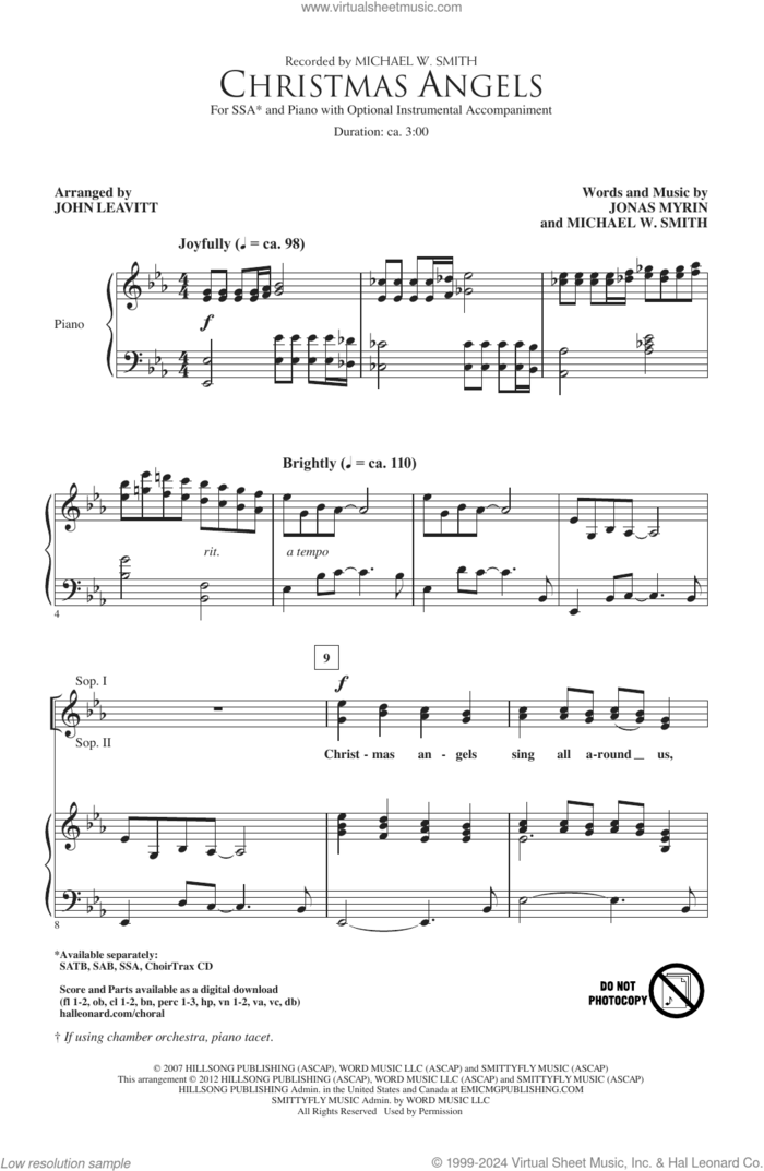 Christmas Angels (arr. John Leavitt) sheet music for choir (SSA: soprano, alto) by Michael W. Smith, John Leavitt and Jonas Myrin, intermediate skill level