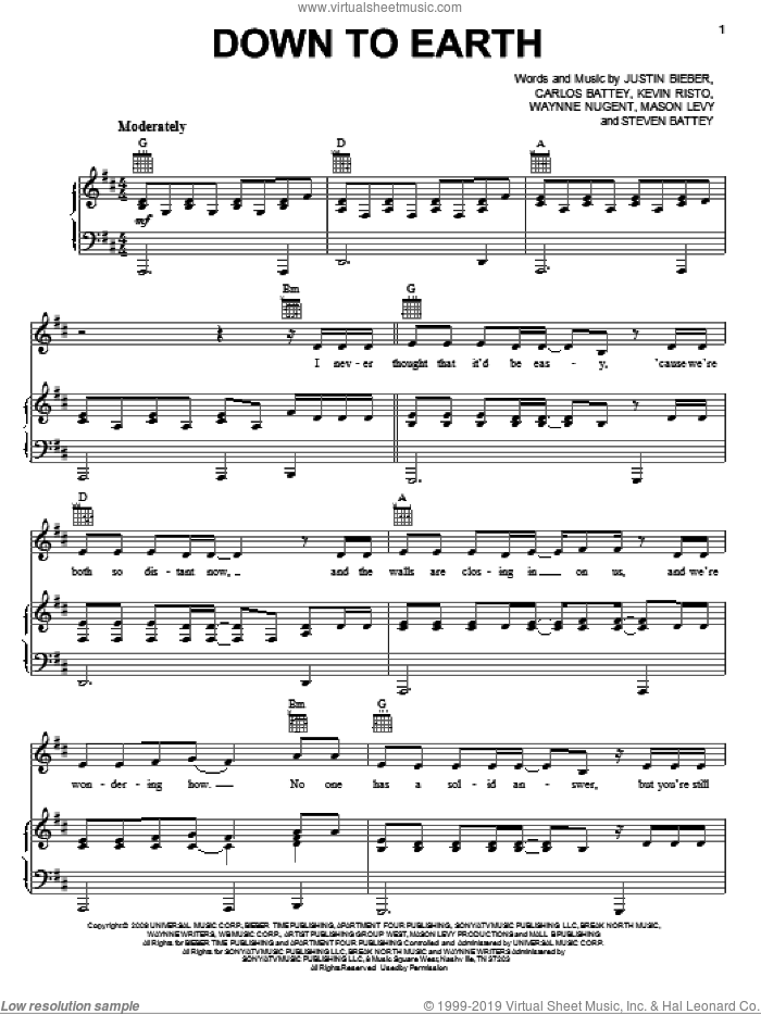 Down To Earth sheet music for voice, piano or guitar by Justin Bieber, Carlos Battey, Kevin Risto, Mason Levy, Steven Battey and Waynne Nugent, intermediate skill level