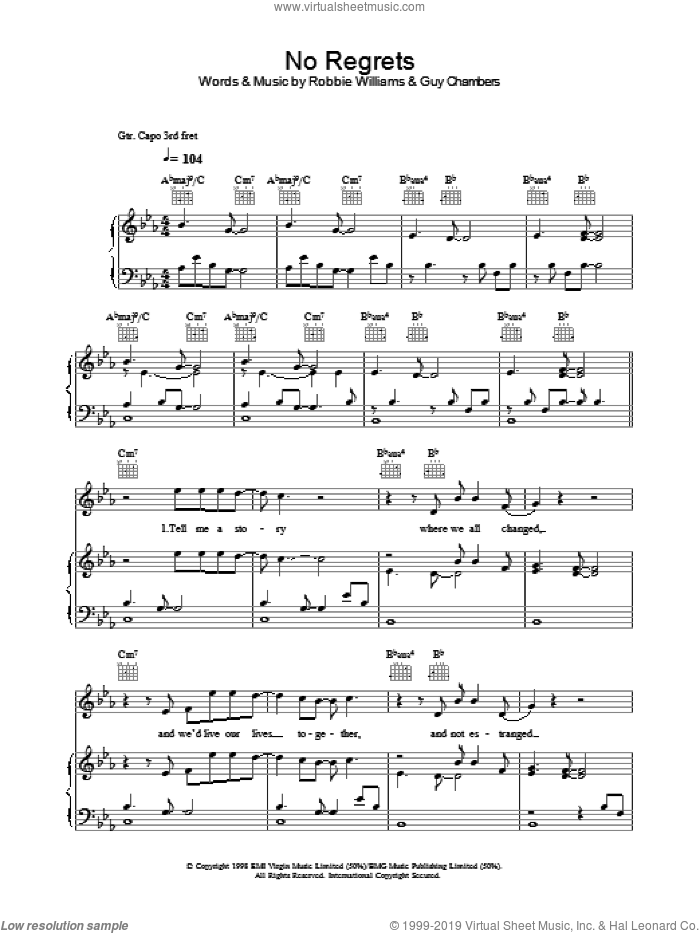 No Regrets sheet music for voice, piano or guitar by Robbie Williams and Guy Chambers, intermediate skill level