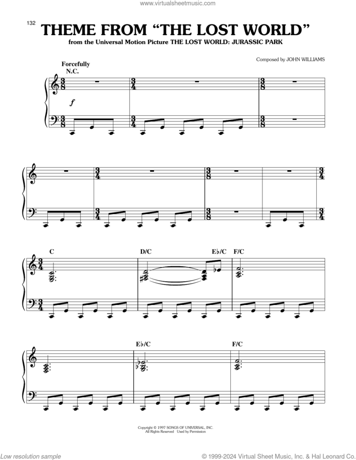 Theme From 'The Lost World', (easy) sheet music for piano solo by John Williams, easy skill level