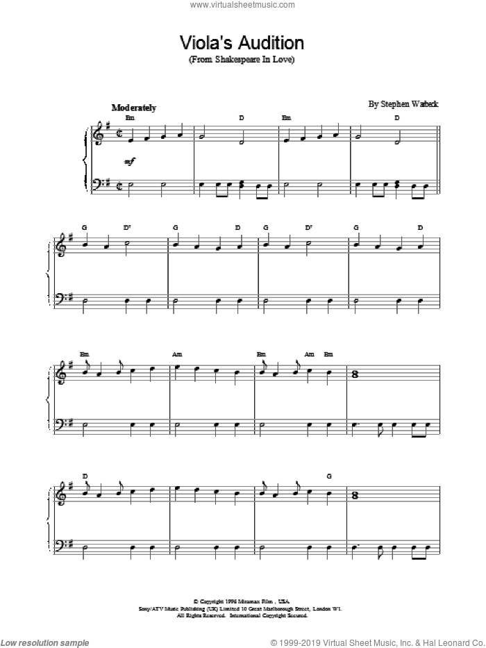 Viola's Audition sheet music for piano solo by Stephen Warbeck, intermediate skill level