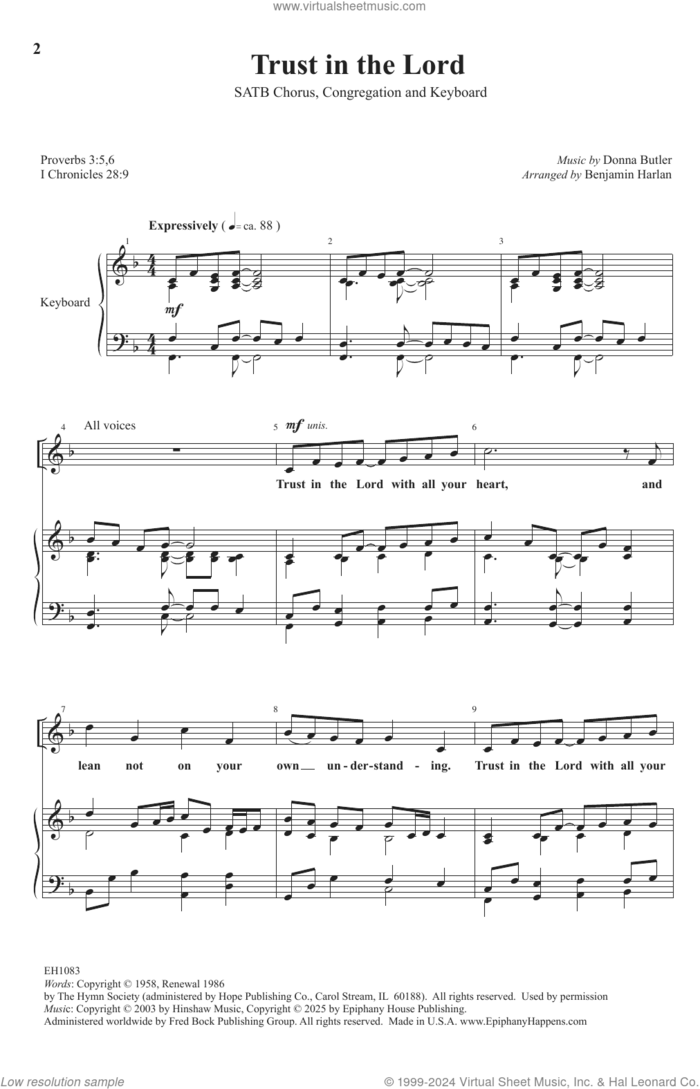 Trust In The Lord (arr. Benjamin Harlan) sheet music for choir (SATB: soprano, alto, tenor, bass) by Donna Butler and Benjamin Harlan, intermediate skill level