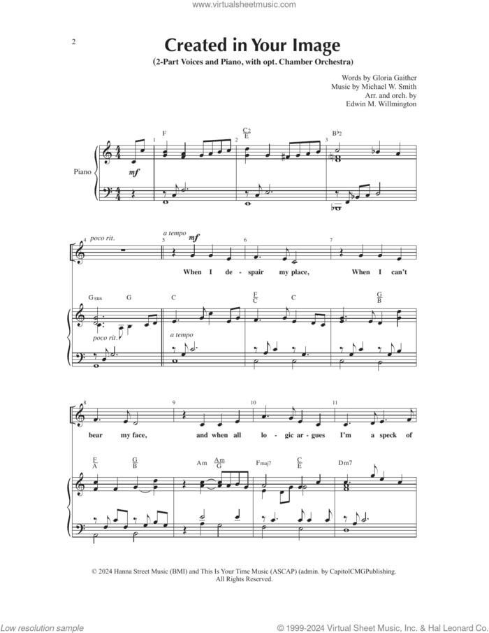 Created In Your Image (arr. Edwin M. Willmington) sheet music for choir (2-Part) by Michael W. Smith, Edwin M. Willmington and Gloria Gaither, intermediate duet