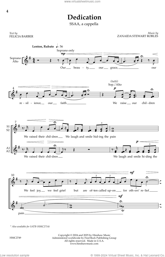 Dedication sheet music for choir (SSAA: soprano, alto) by Zanaida Stewart Robles and Felicia Barber, intermediate skill level