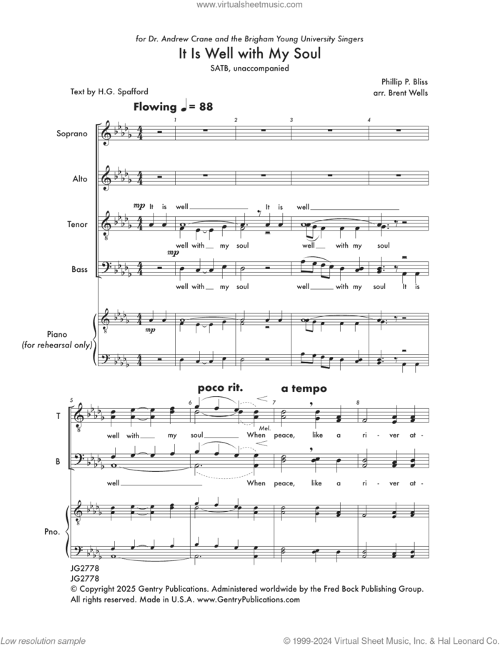 It Is Well With My Soul sheet music for choir (SSATB) by Bren Wells, intermediate skill level