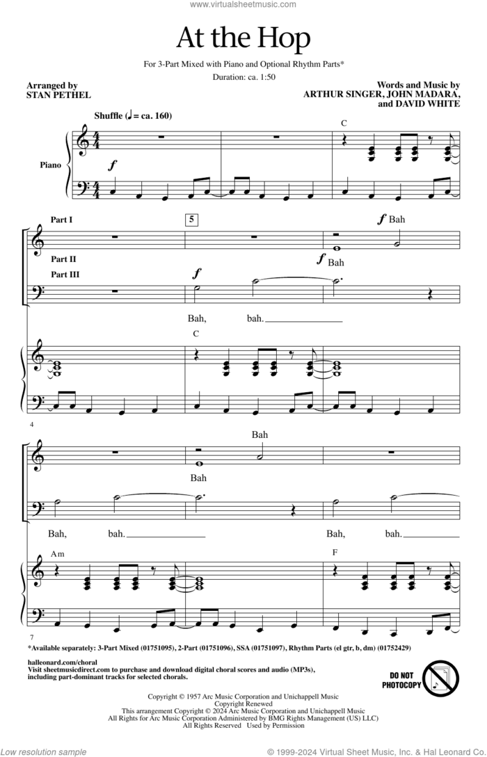 At The Hop (arr. Stan Pethel) sheet music for choir (3-Part Mixed) by Danny & The Juniors, Stan Pethel, Arthur Singer, David White and John Madara, intermediate skill level