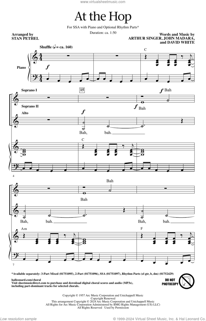 At The Hop (arr. Stan Pethel) sheet music for choir (SSA: soprano, alto) by Danny & The Juniors, Stan Pethel, Arthur Singer, David White and John Madara, intermediate skill level