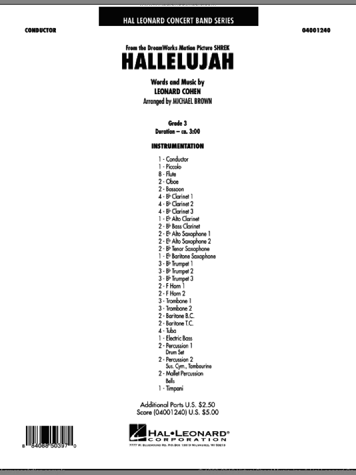 Hallelujah (COMPLETE) sheet music for concert band by Leonard Cohen and Michael Brown, intermediate skill level