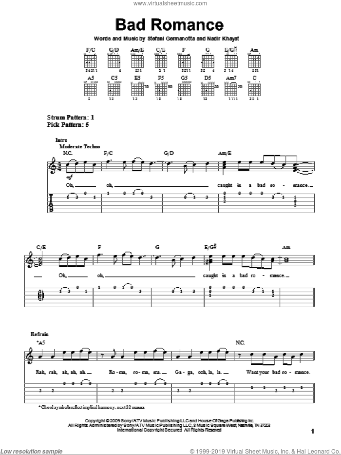 Bad Romance, (easy) sheet music for guitar solo (easy tablature) by Lady GaGa and Nadir Khayat, easy guitar (easy tablature)