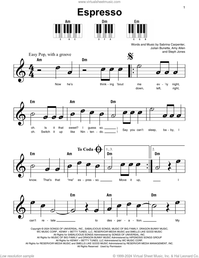 Espresso, (beginner) sheet music for piano solo by Sabrina Carpenter, Amy Allen, Julian Bunetta and Stephenie Jones, beginner skill level