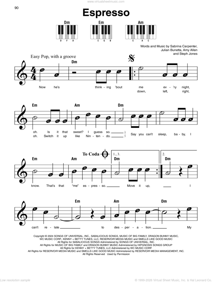 Espresso sheet music for piano solo by Sabrina Carpenter, Amy Allen, Julian Bunetta and Stephenie Jones, beginner skill level