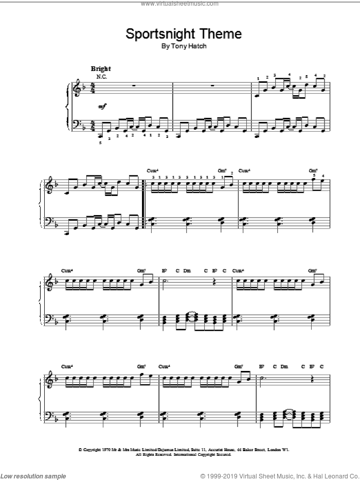 Sportsnight Theme sheet music for piano solo by Tony Hatch, intermediate skill level