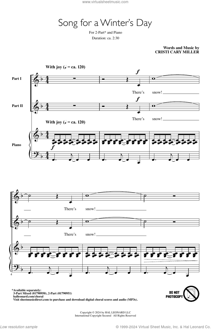 Song For A Winter's Day sheet music for choir (2-Part) by Cristi Cary Miller, intermediate duet