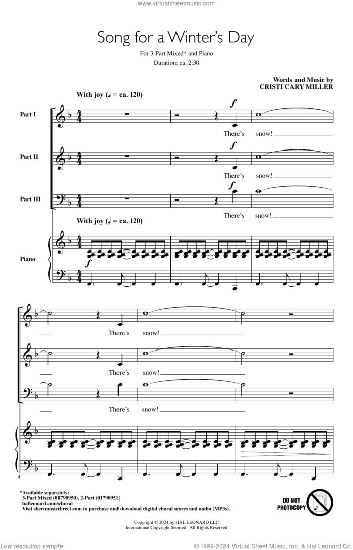 Song For A Winter's Day sheet music for choir (3-Part Mixed) by Cristi Cary Miller, intermediate skill level