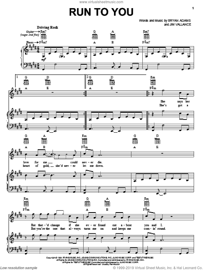 Run To You sheet music for voice, piano or guitar by Bryan Adams and Jim Vallance, intermediate skill level