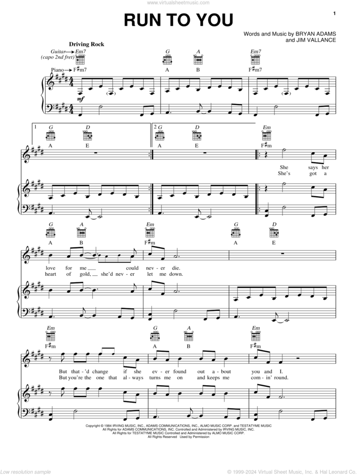 Run To You sheet music for voice, piano or guitar by Bryan Adams and Jim Vallance, intermediate skill level