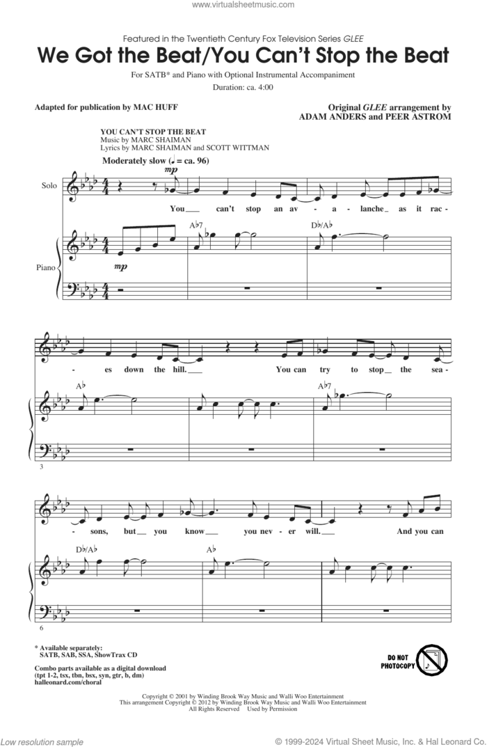 We Got The Beat / You Can't Stop The Beat (ed. Mac Huff) sheet music for choir (SATB: soprano, alto, tenor, bass) by Glee Cast, Adam Anders, Peer Astrom, Mac Huff, Charlotte Caffey and Marc Shaiman & Scott Wittman, intermediate skill level