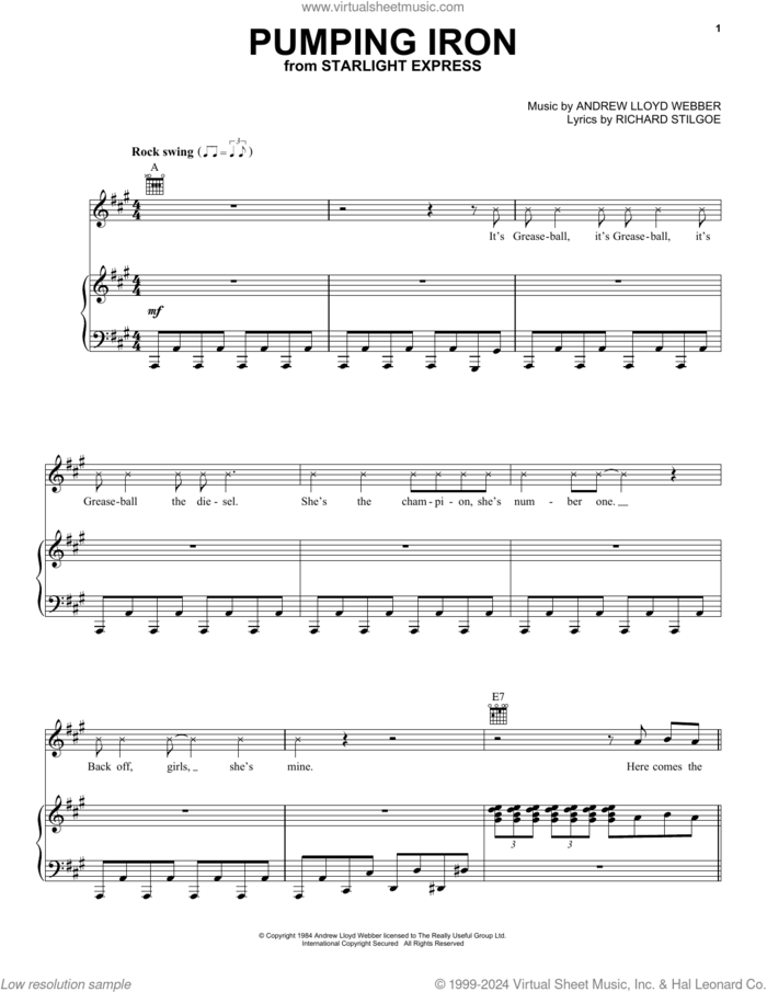 Pumping Iron (from Starlight Express) sheet music for voice, piano or guitar by Andrew Lloyd Webber and Richard Stilgoe, intermediate skill level