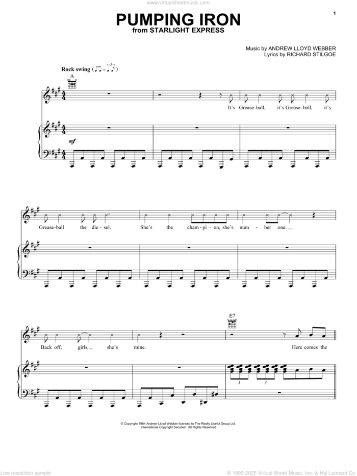 Pumping Iron (from Starlight Express) sheet music for voice, piano or guitar by Andrew Lloyd Webber and Richard Stilgoe, intermediate skill level