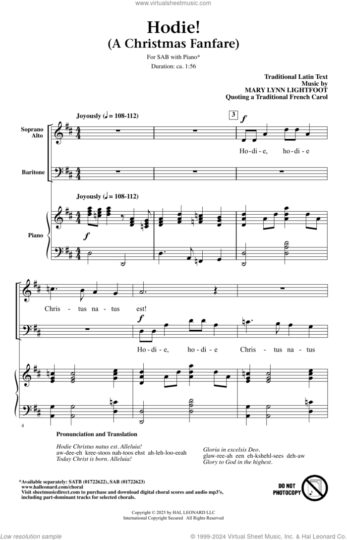 Hodie (A Christmas Fanfare) sheet music for choir (SAB: soprano, alto, bass) by Mary Lynn Lightfoot and Miscellaneous, intermediate skill level