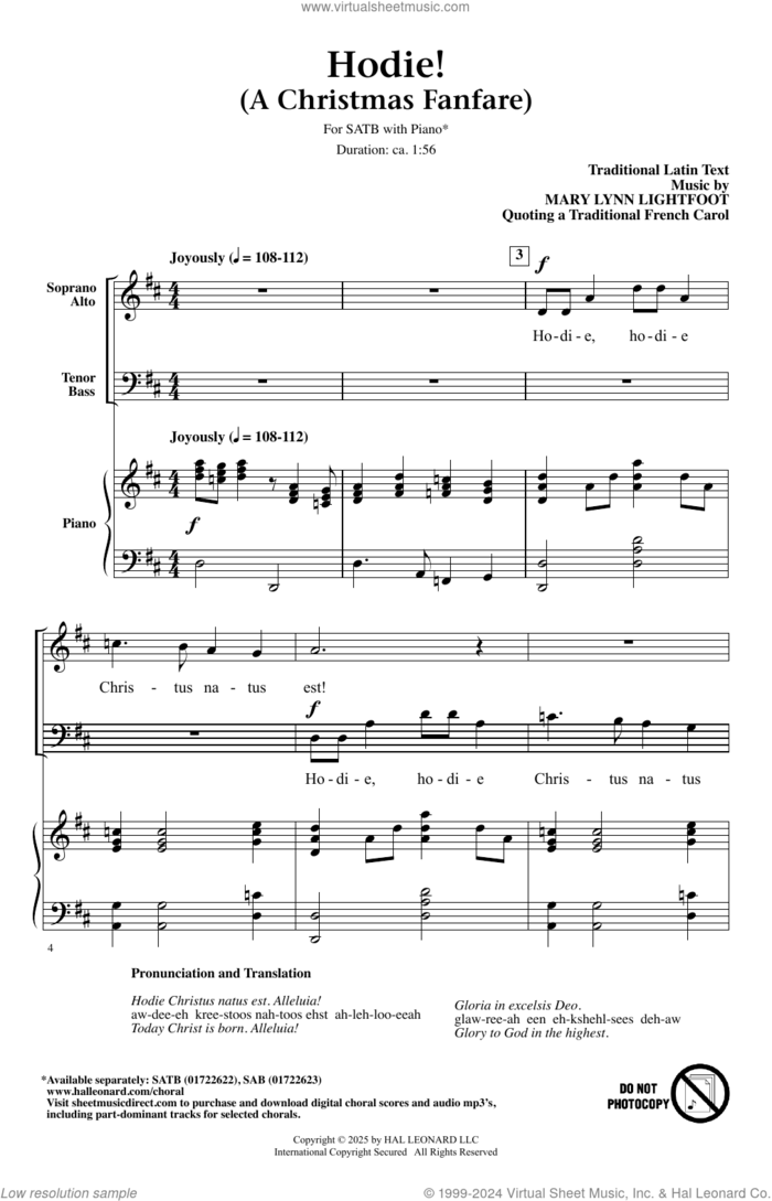 Hodie (A Christmas Fanfare) sheet music for choir (SATB: soprano, alto, tenor, bass) by Mary Lynn Lightfoot and Miscellaneous, intermediate skill level