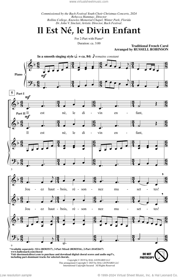 Il Est Ne, Le Divin Enfant (arr. Russell Robinson) sheet music for choir (2-Part)  and Russell Robinson, intermediate duet