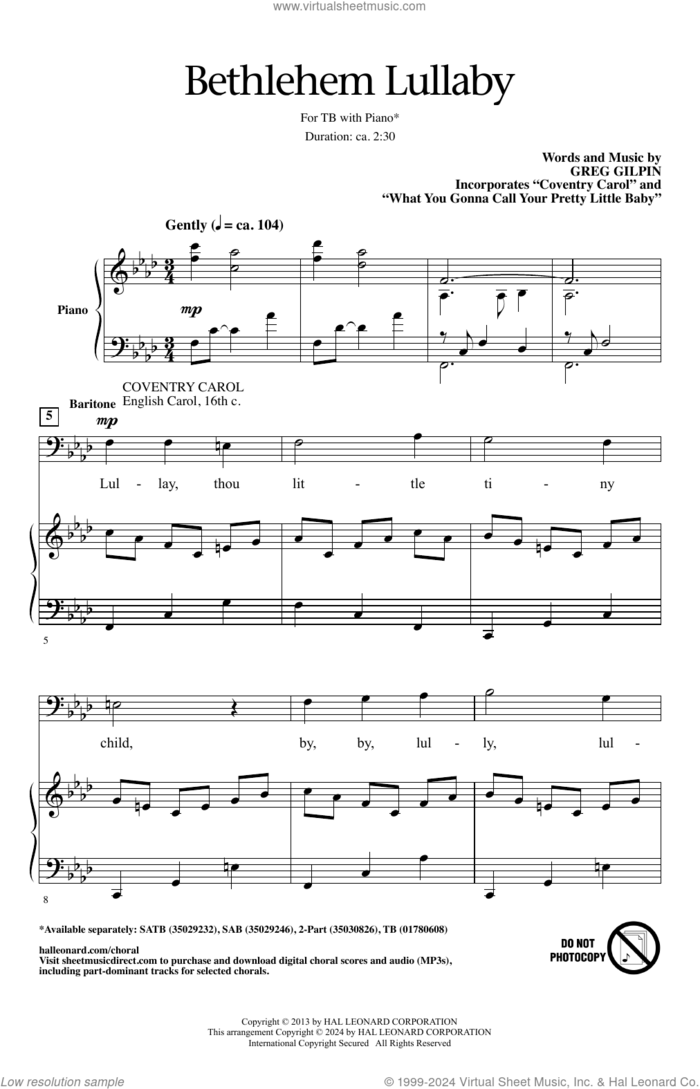 Bethlehem Lullaby sheet music for choir (TB: tenor, bass) by Greg Gilpin and Miscellaneous, intermediate skill level